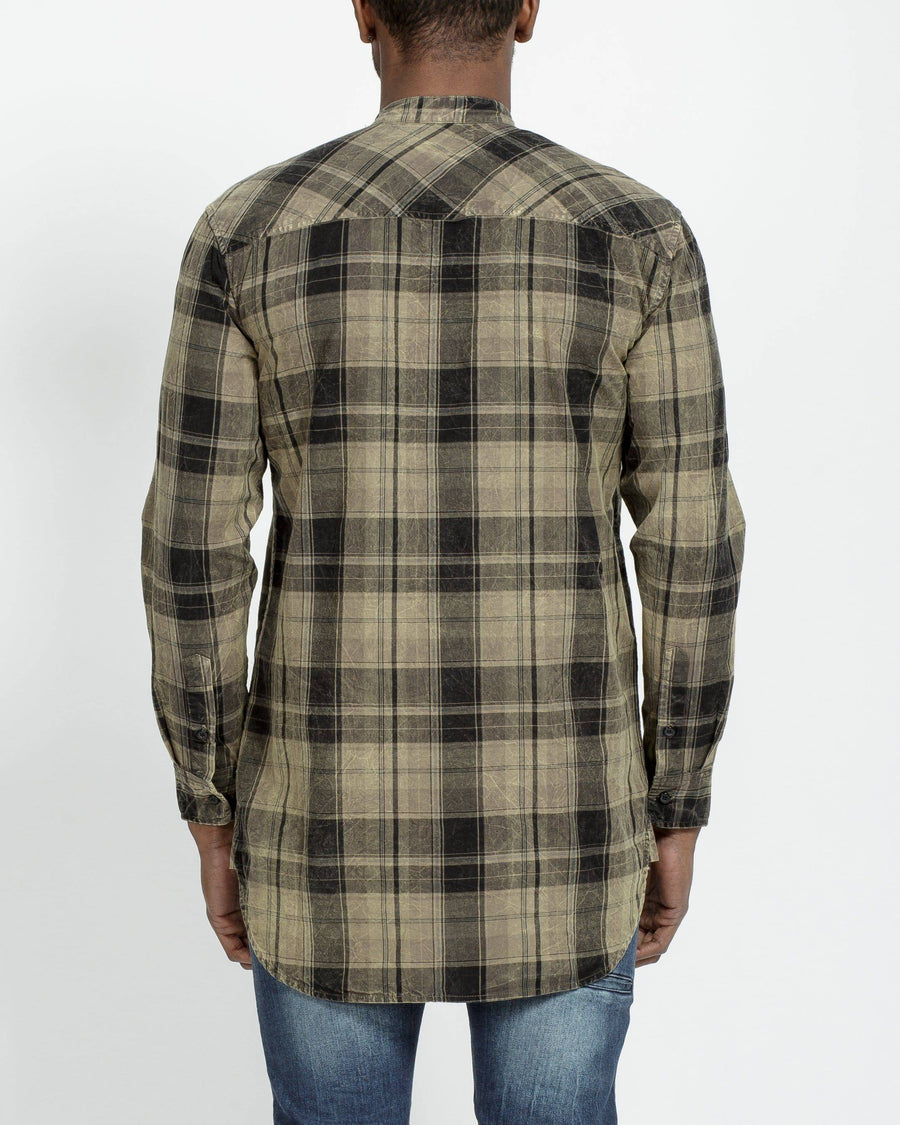 Konus Men's Mock Neck Button Shirt in Olive Plaid - shopatkonus