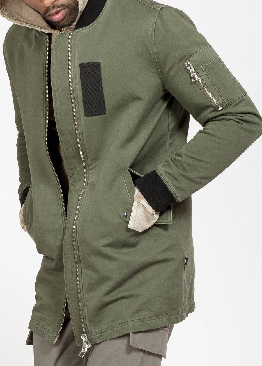 Konus Men's Zip Patch Long Bomber Jacket in Olive - shopatkonus