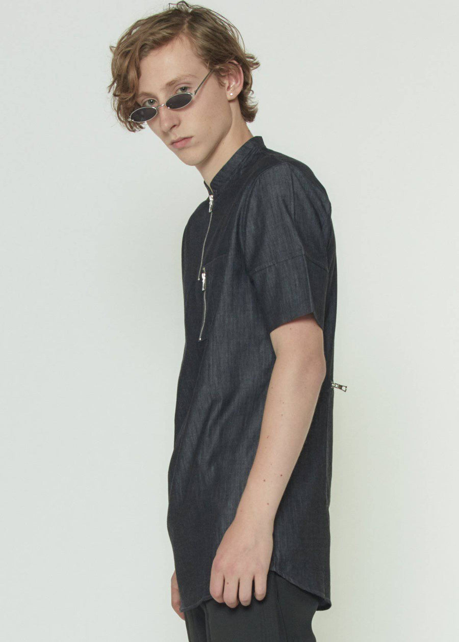 Konus Men's Mandarin Collar Zip Pocket Shirt in Black - shopatkonus
