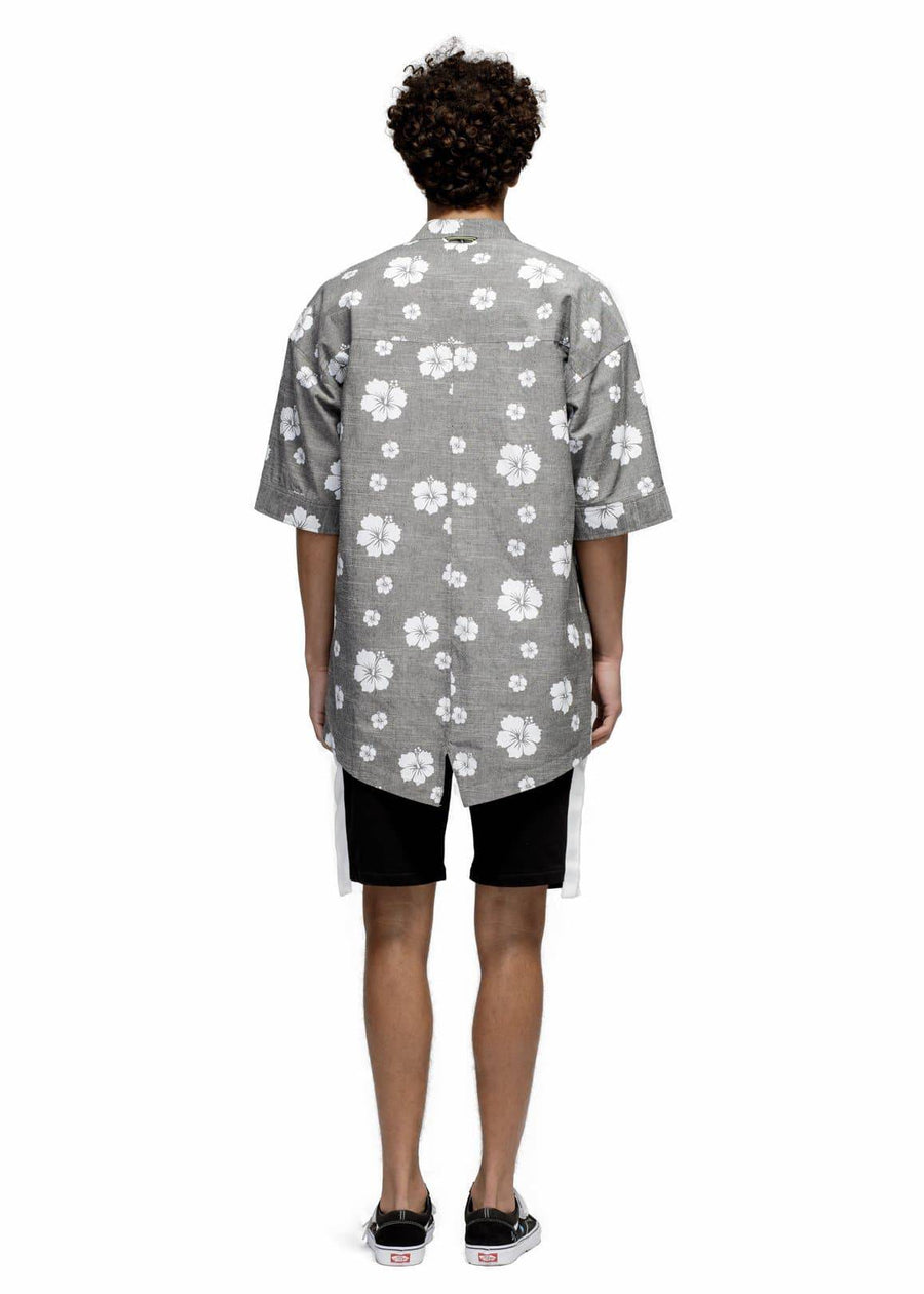 Konus Men's Kimono Shirt w/ Floral Print in Gray - shopatkonus