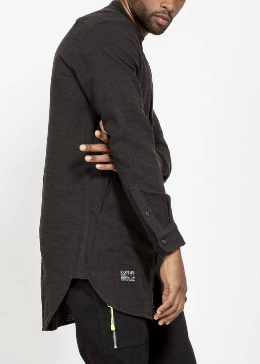 Konus Men's Long Mandarin Collar Shirt w/ Welt Pockets in Black - shopatkonus