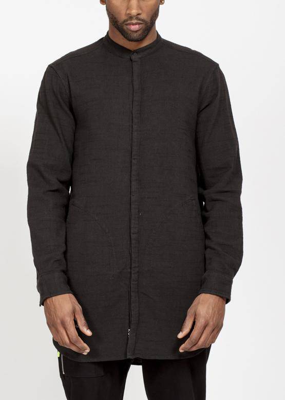 Konus Men's Long Mandarin Collar Shirt w/ Welt Pockets in Black - shopatkonus