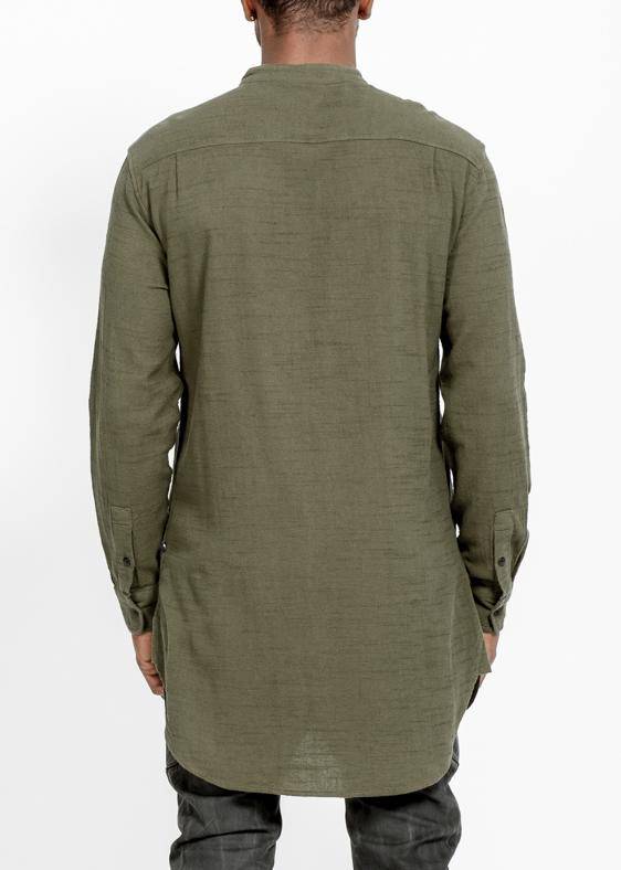 Konus Men's Long Mandarin Collar Shirt w/ Welt Pockets in Olive - shopatkonus