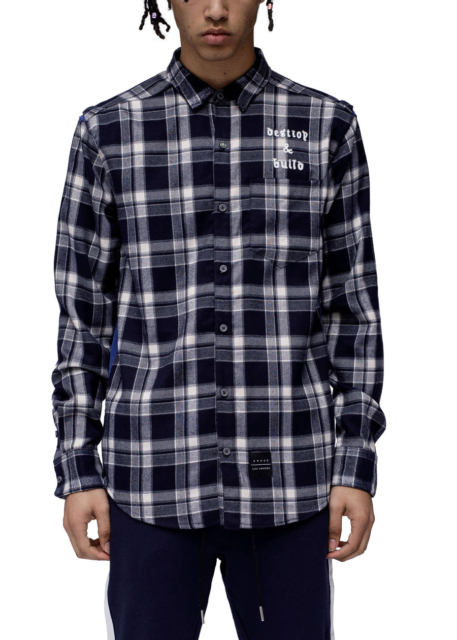 Konus Men's Plaid Flannel Shirt w/ Side Panels in Navy - shopatkonus