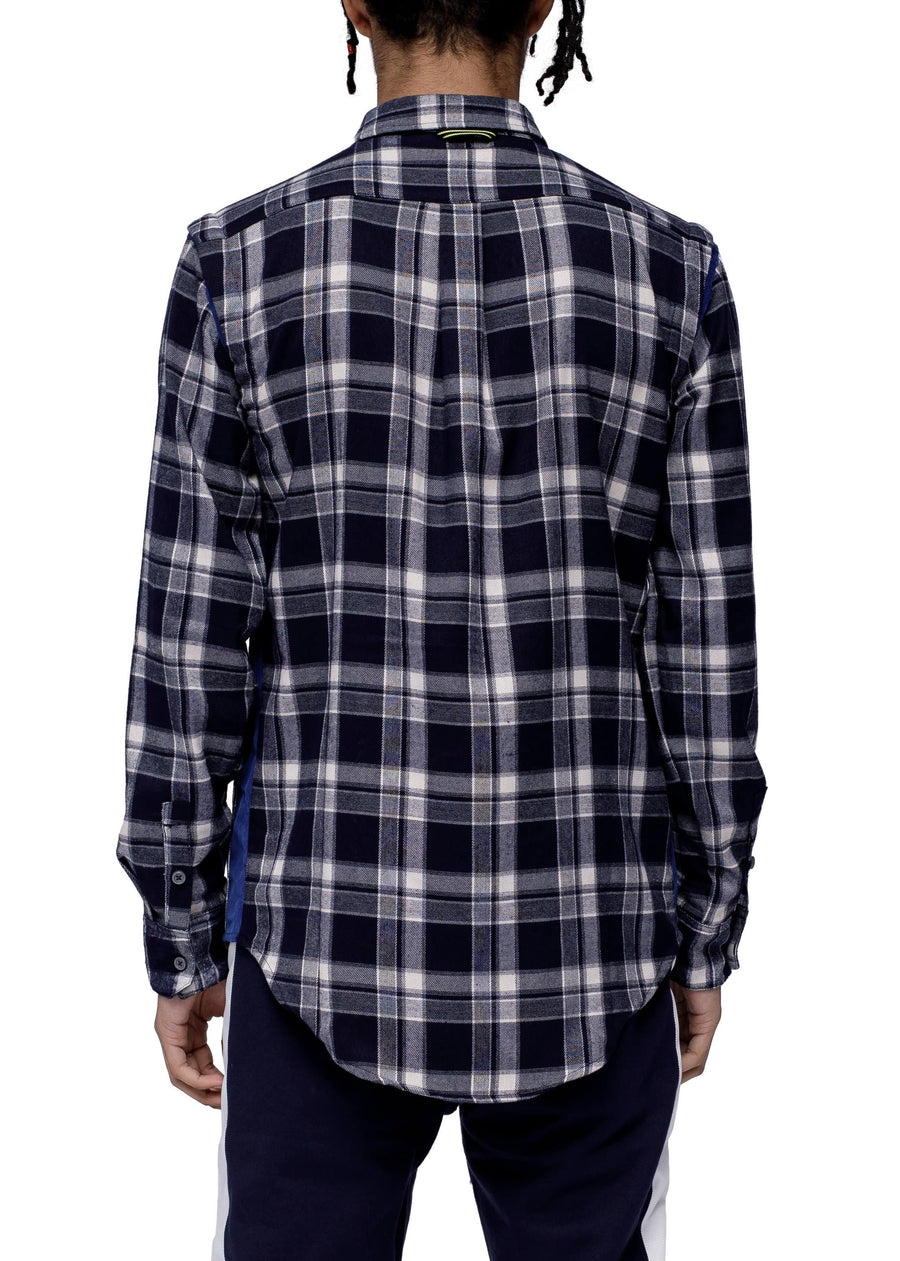 Konus Men's Plaid Flannel Shirt w/ Side Panels in Navy - shopatkonus