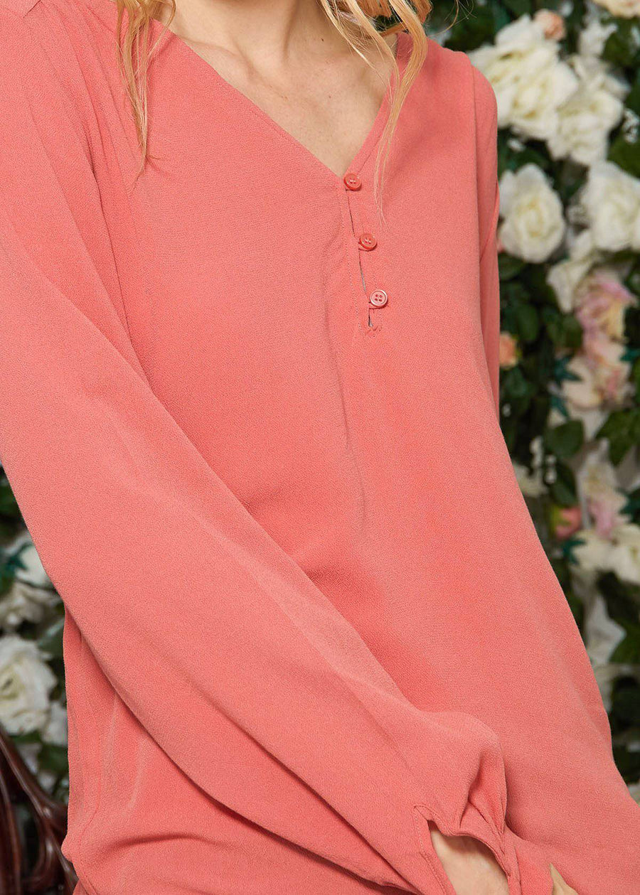 Floral V-neck Tie Cuff Blouse In Coral Faded - shopatkonus