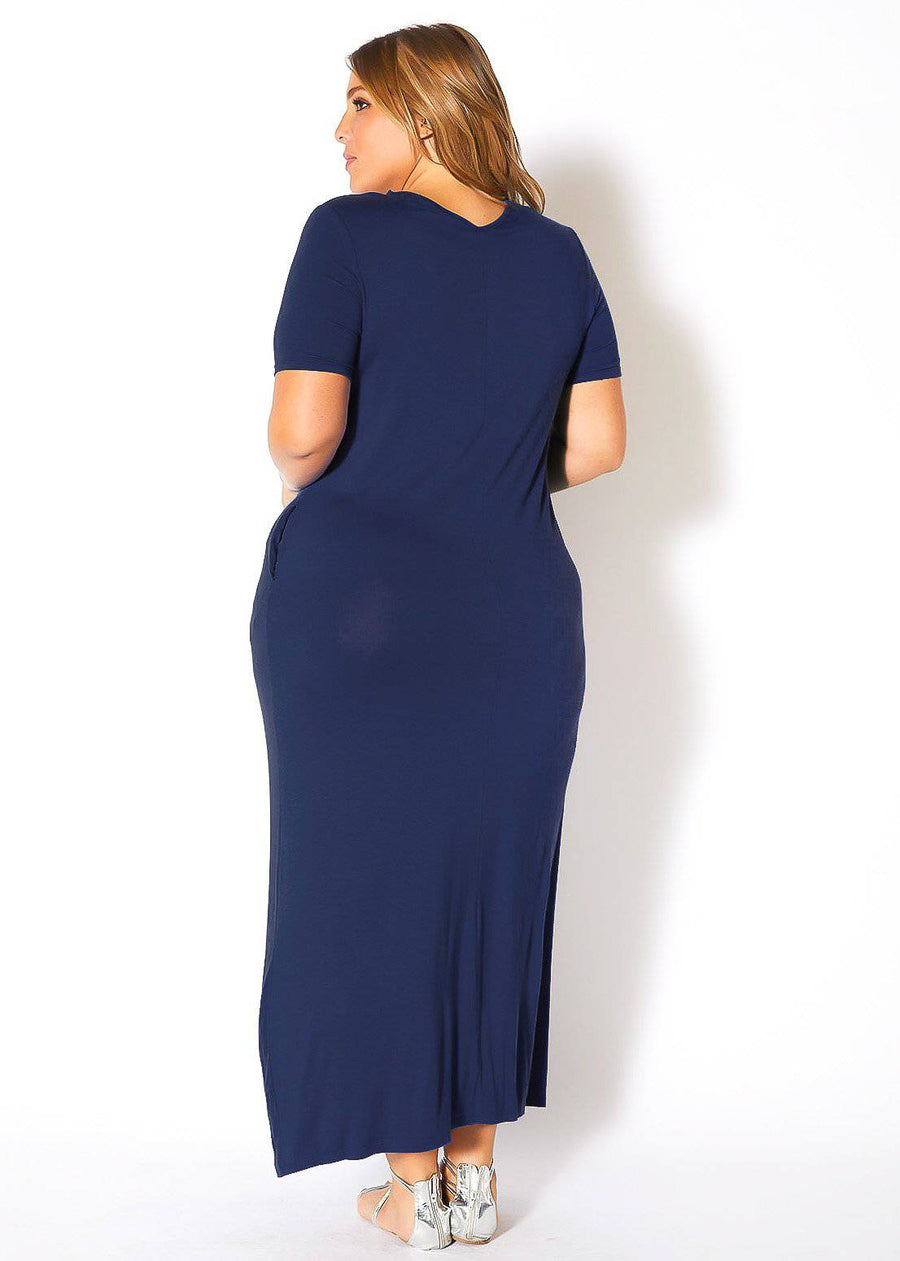 Plus Size V-neck Short Sleeve Maxi Dress With Pockets - shopatkonus