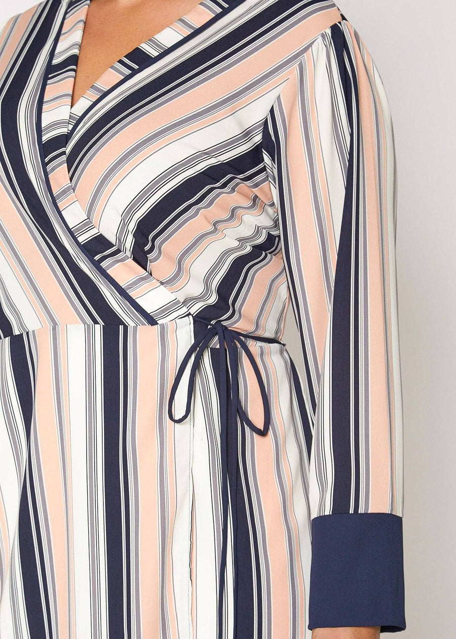 Printed Wrap Dress With Cuff Binding in Multi Stripe - shopatkonus