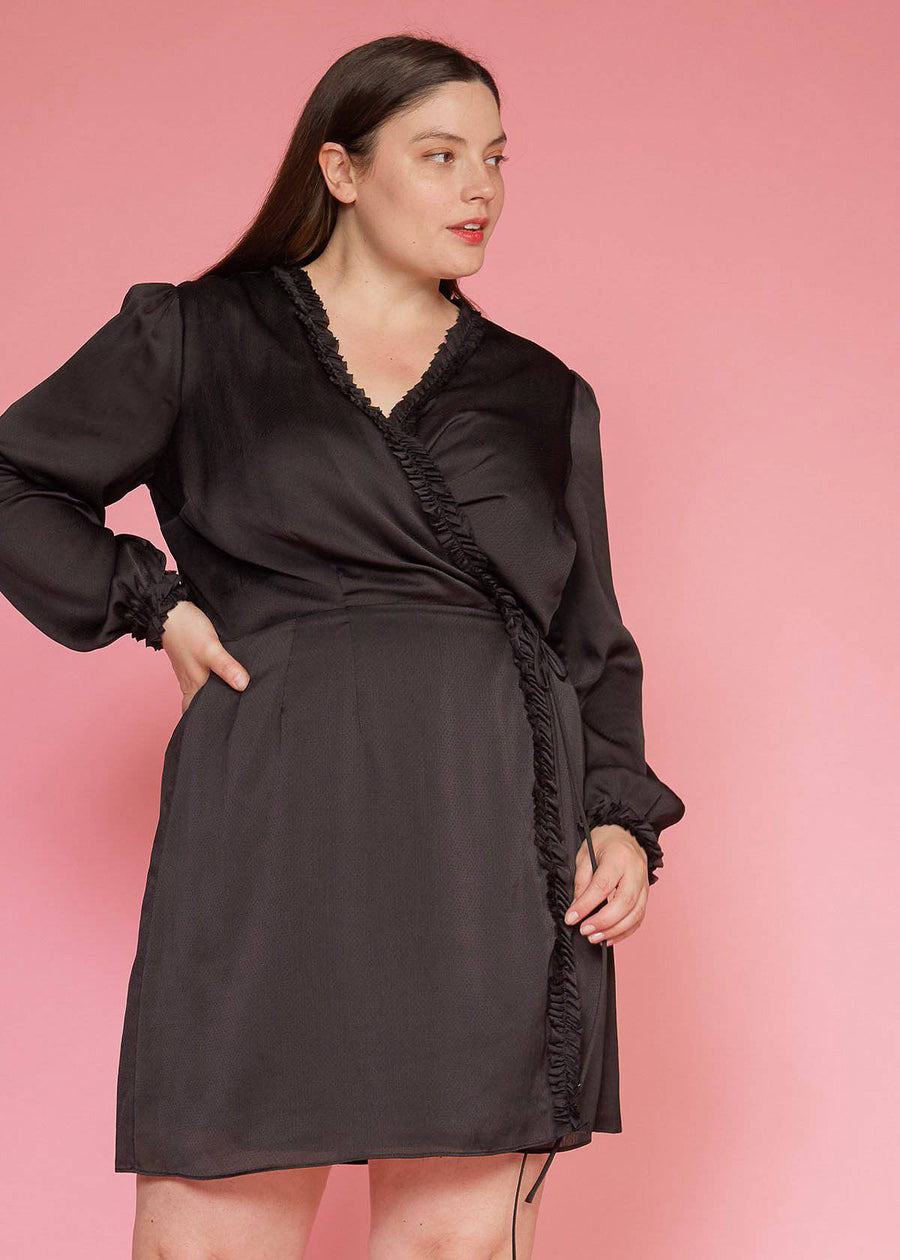 Plus Size Ruffle Trim Long Sleeve Wrap Dress in Black - shopatkonus