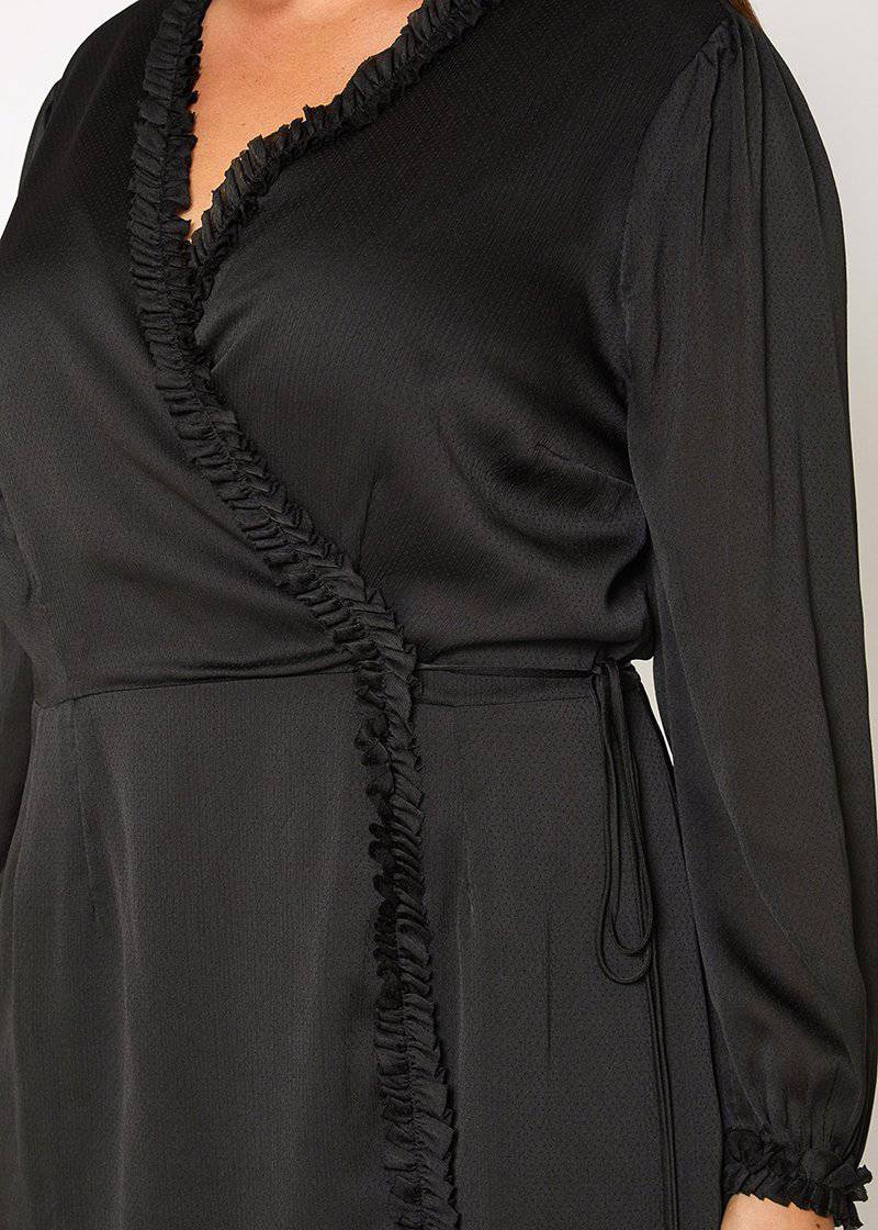 Plus Size Ruffle Trim Long Sleeve Wrap Dress in Black - shopatkonus