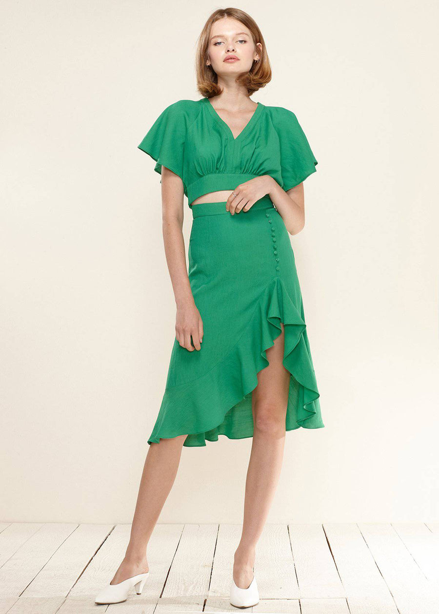Women's Asymmetrical Hem Button Front Skirt in Kelly Green - shopatkonus