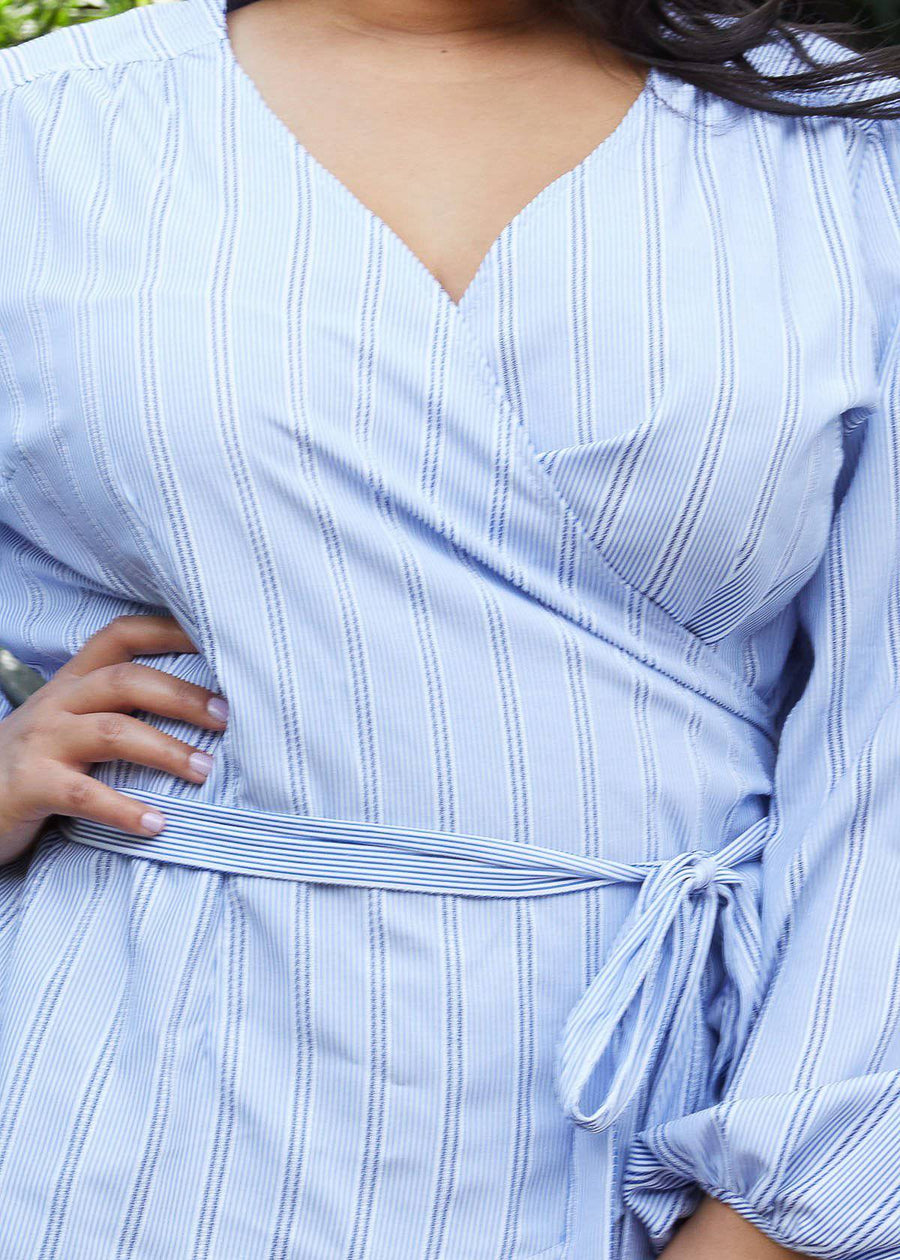 Plus Size Stripe Wrap Blouse in Blue - shopatkonus