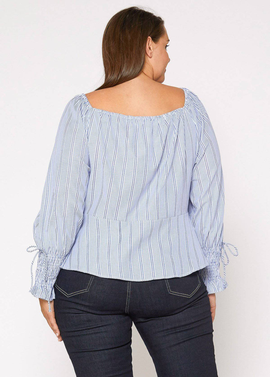 Plus Size Stripe Off Shoulder Blouse in Blue - shopatkonus