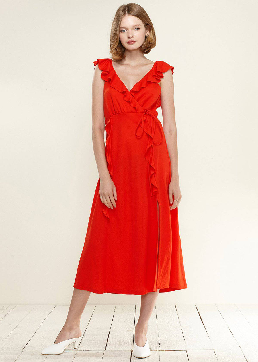 Ruffle Trim Wrapped Maxi Dress in Red - shopatkonus