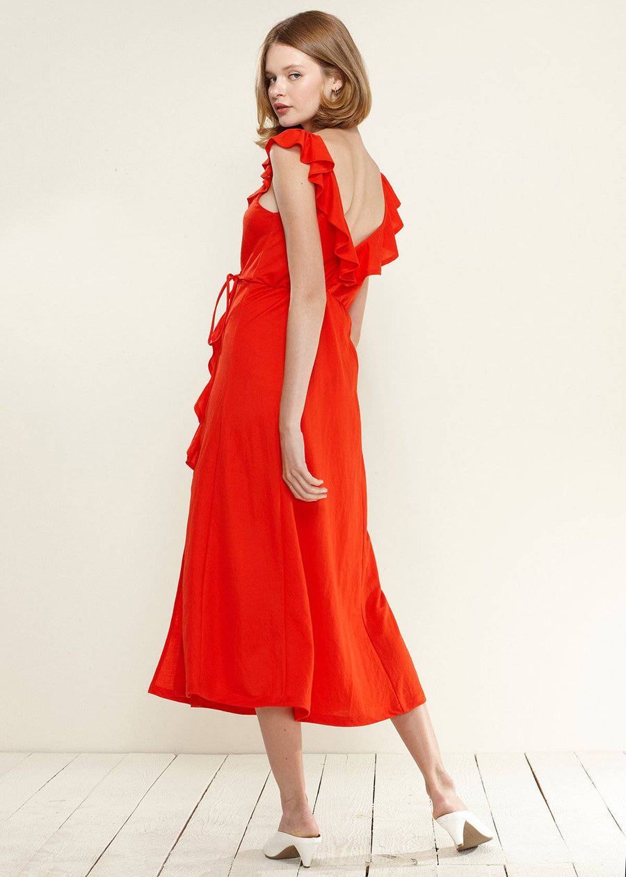 Ruffle Trim Wrapped Maxi Dress in Red - shopatkonus