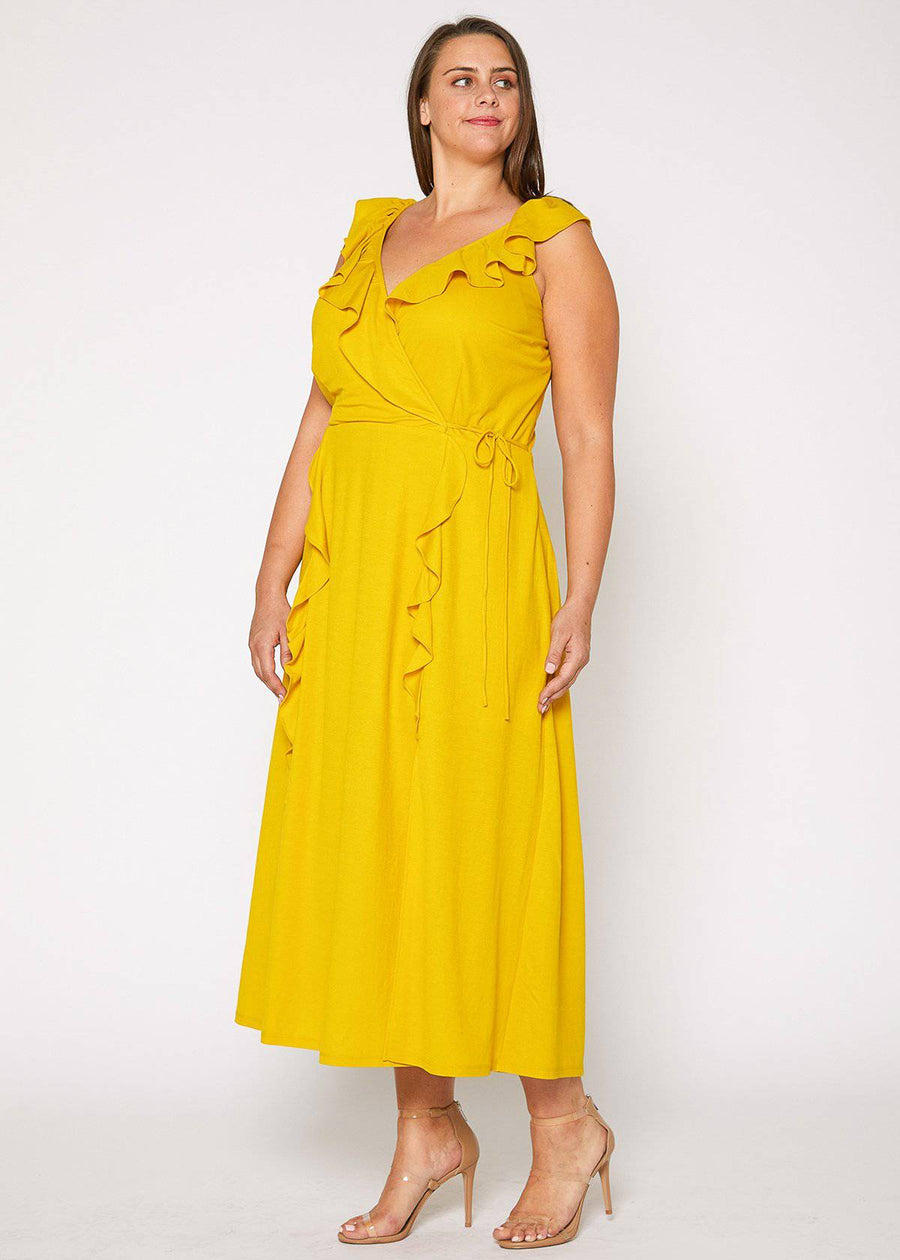 Plus Size Ruffle Trim Wrapped Maxi Dress in Mustard - shopatkonus