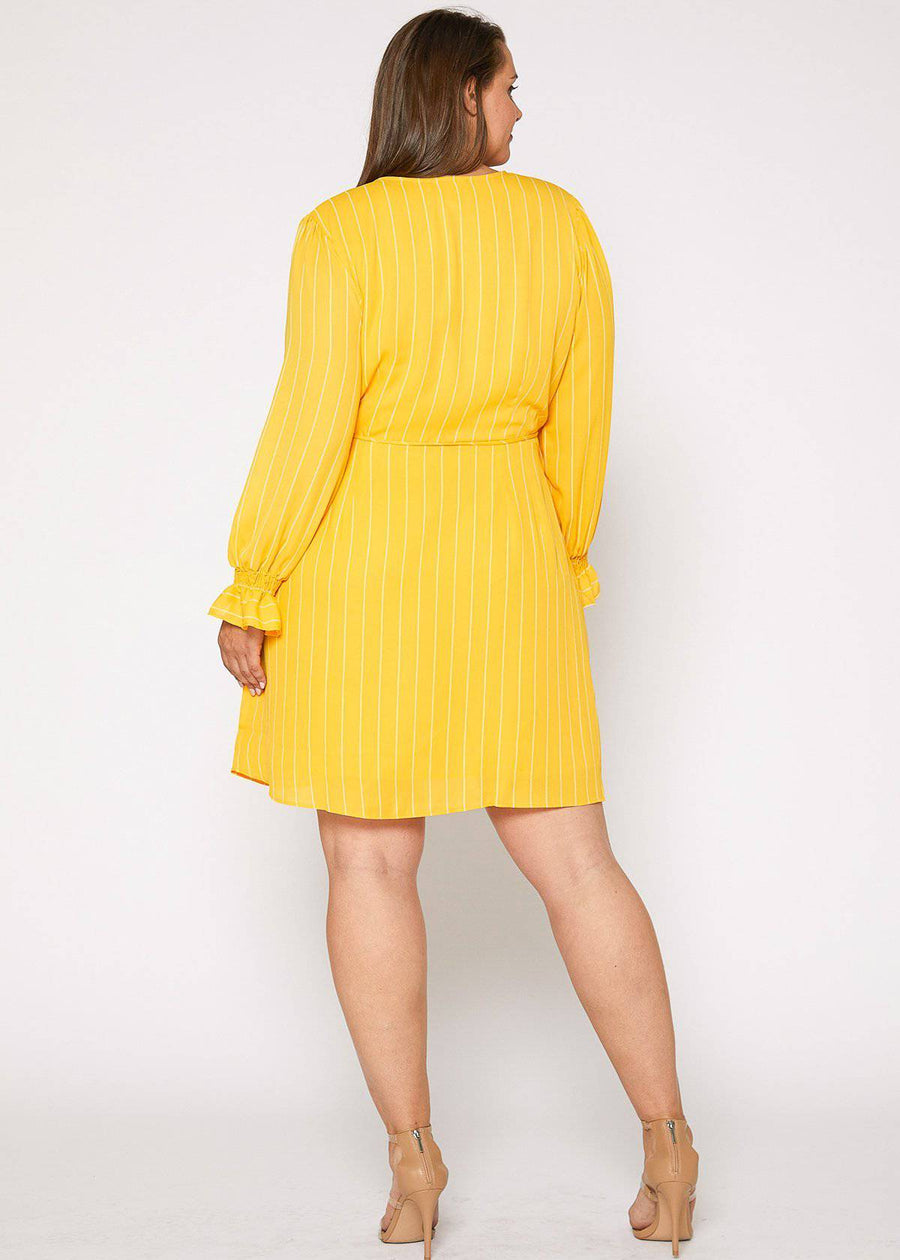 Plus Size Smocked Bell Sleeve Wrap Dress in Yellow - shopatkonus