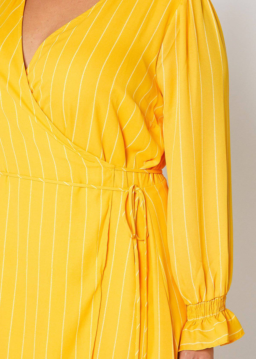 Plus Size Smocked Bell Sleeve Wrap Dress in Yellow - shopatkonus