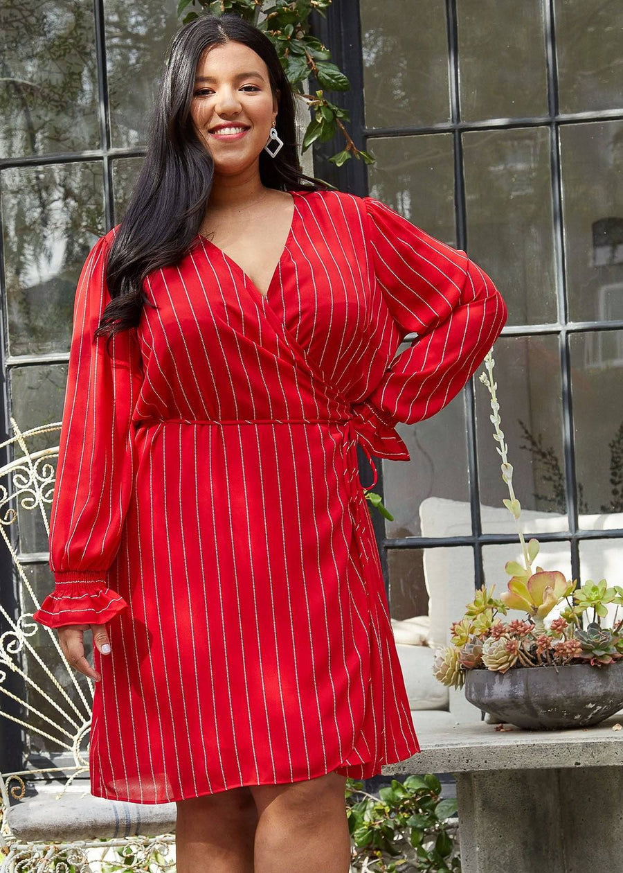Plus Size Smocked Bell Sleeve Wrap Dress in Red - shopatkonus