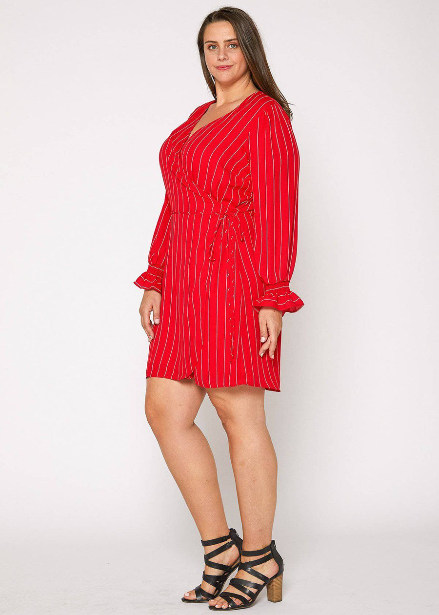 Plus Size Smocked Bell Sleeve Wrap Dress in Red - shopatkonus