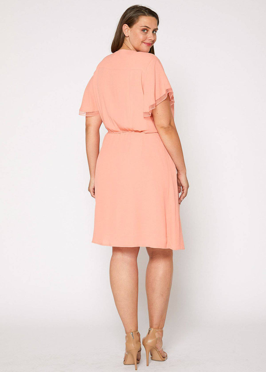 Plus Size Lace Trim Wrap Dress in Coral - shopatkonus