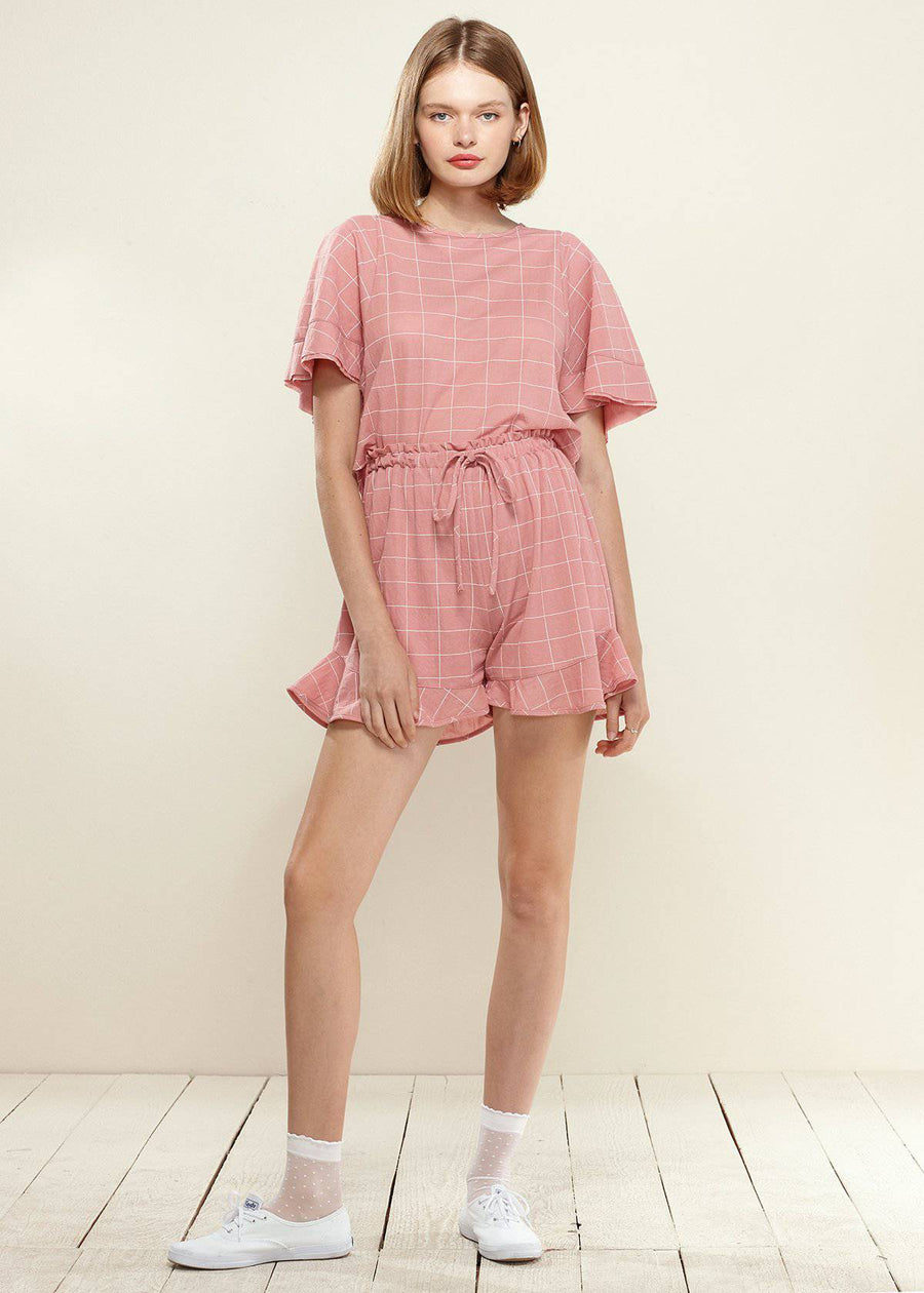 Women's Grid Print High-waist Shorts in Pink Window - shopatkonus