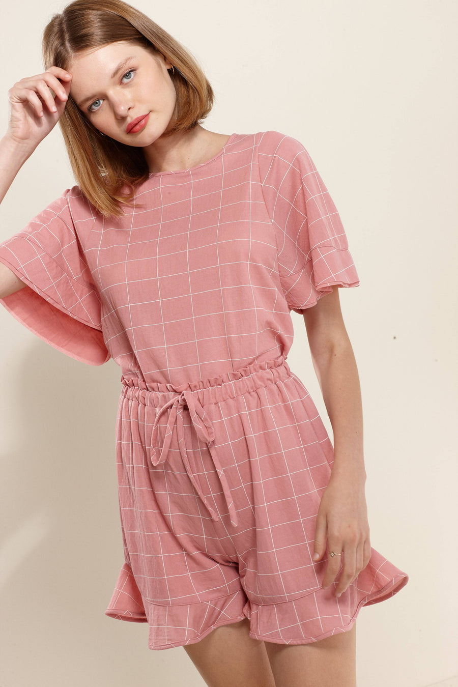 Women's Grid Print High-waist Shorts in Pink Window - shopatkonus