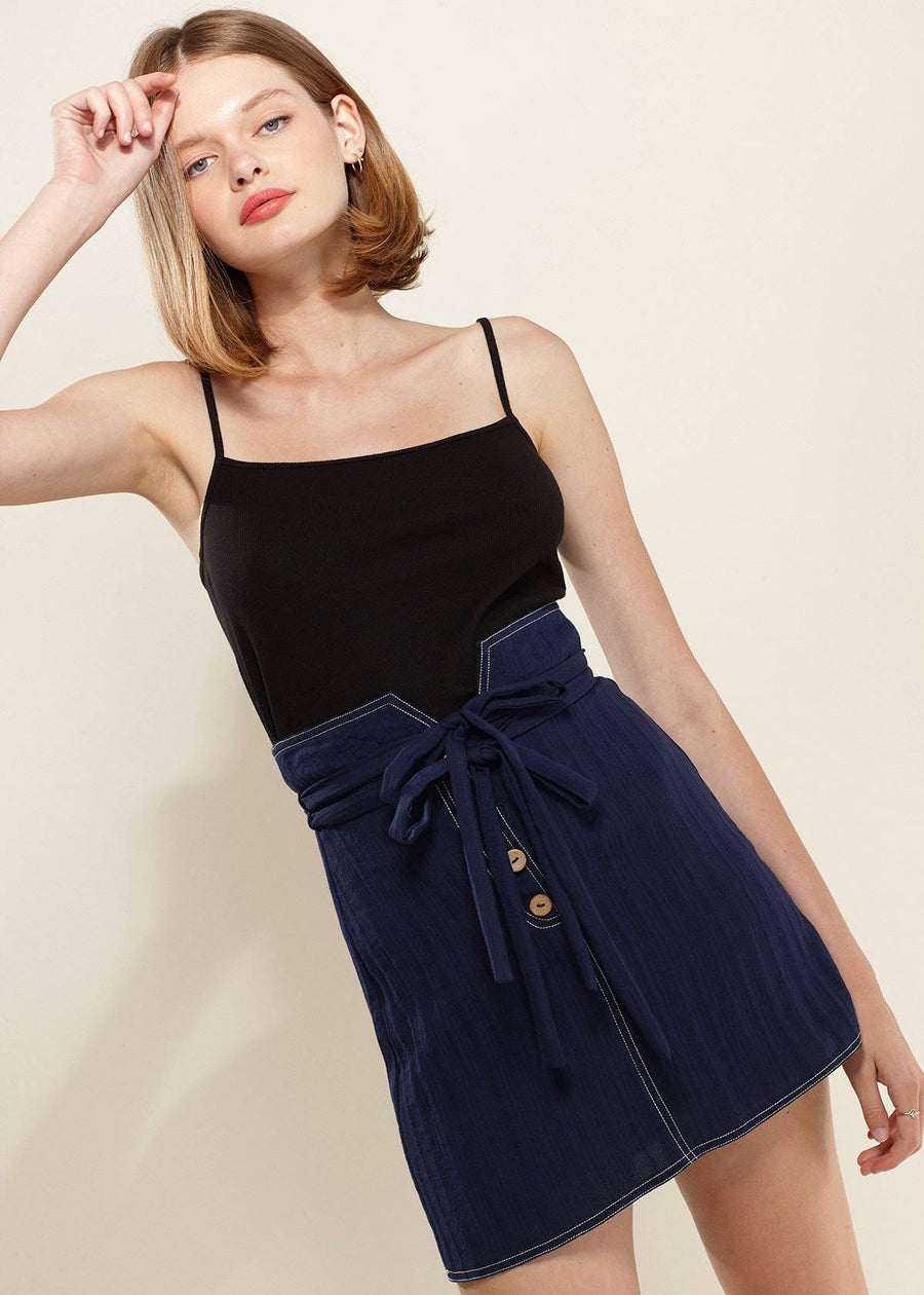 Stitch Hem Double Strap High Waist Skirt in Navy - shopatkonus