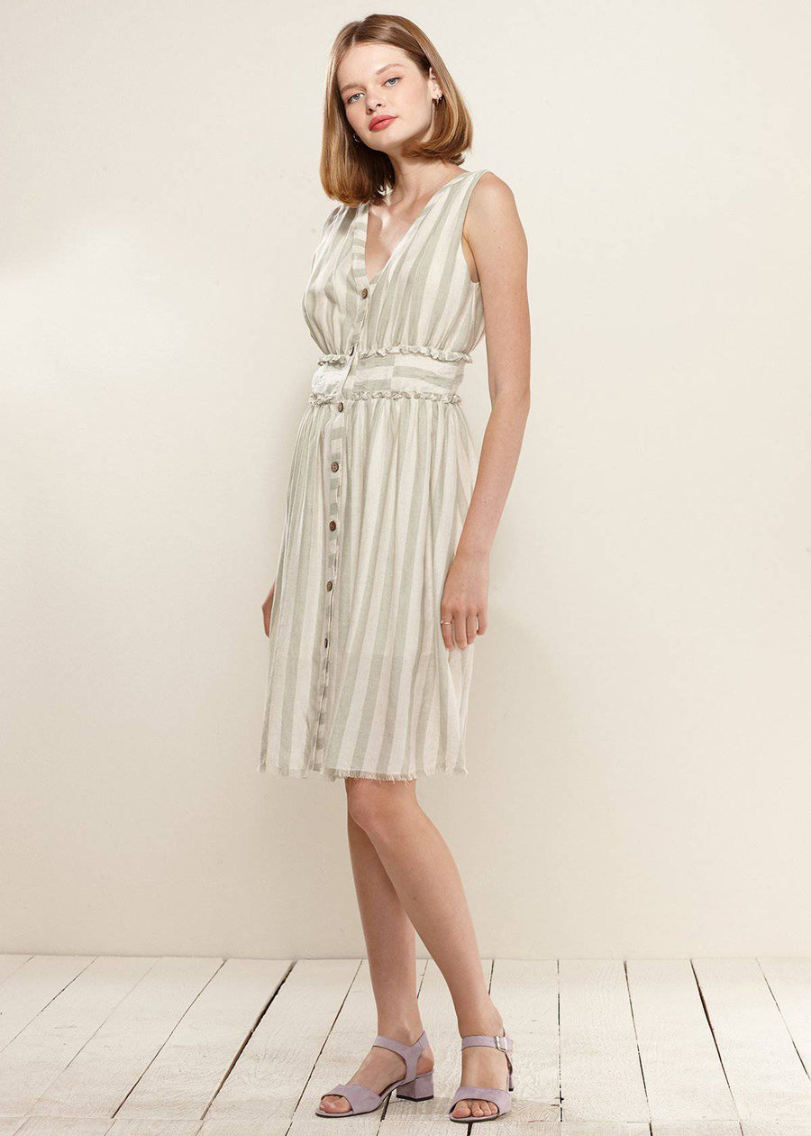 Sleeveless Button Down Stripe Dress in Sage - shopatkonus
