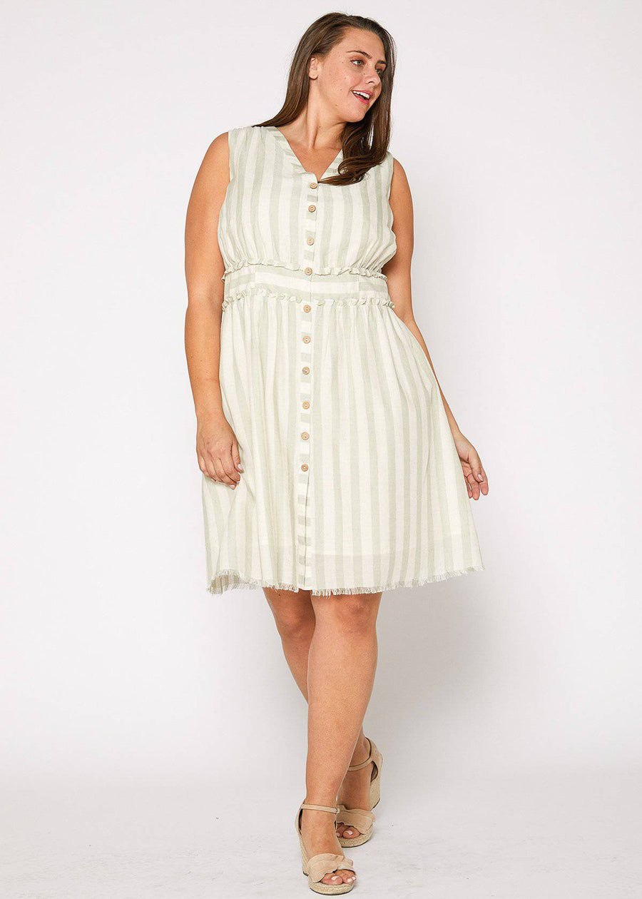 Plus Size Sleeveless Button Down Stripe Dress in Sage - shopatkonus