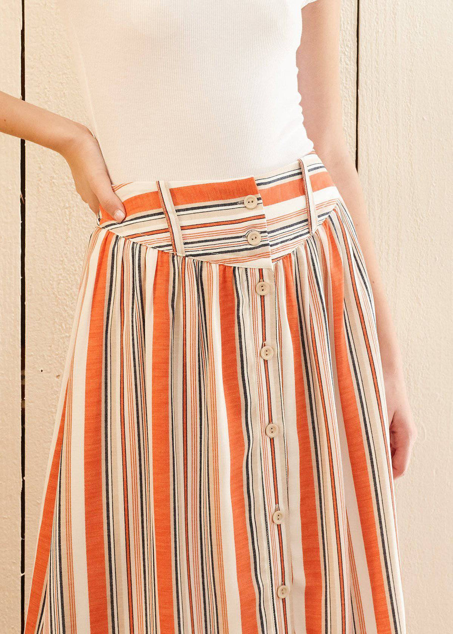 Women's Multi Stripe Button Front Midi Skirt in Rust Multi - shopatkonus