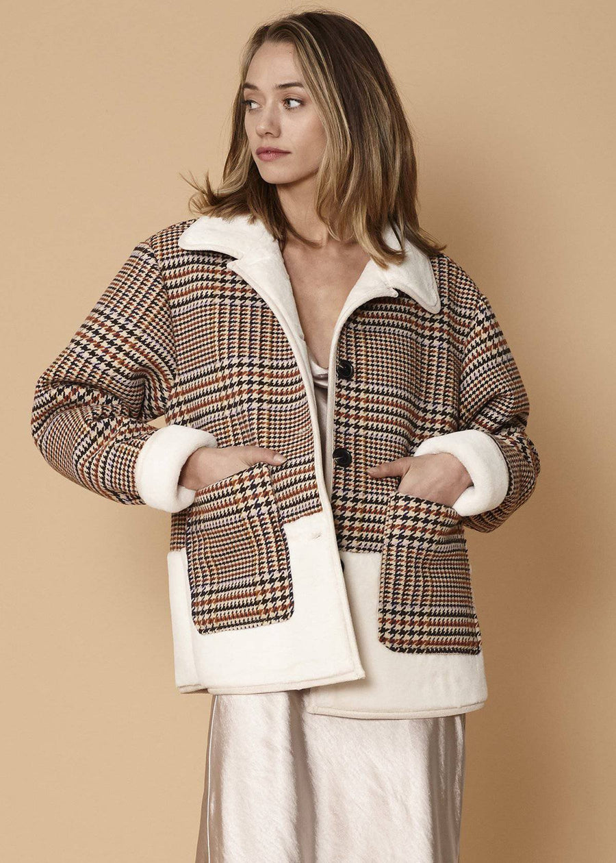 Plaid Fur Jacket in Rusthoundstooth - shopatkonus
