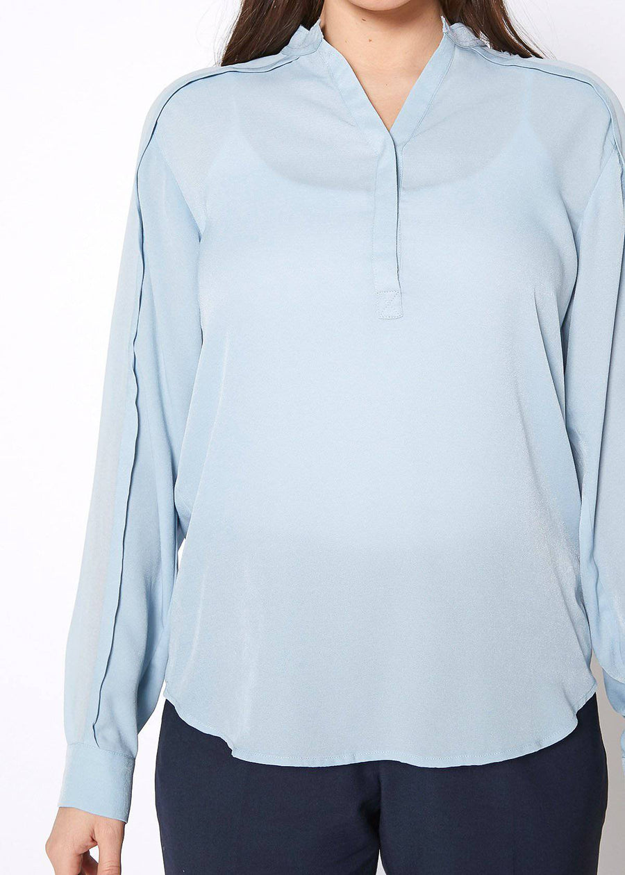 Women's Mandarin Collar Shirt Blouse In Cashmere Blue - shopatkonus