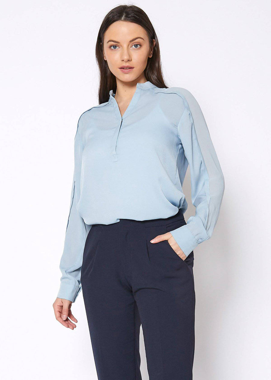 Women's Mandarin Collar Shirt Blouse In Cashmere Blue - shopatkonus