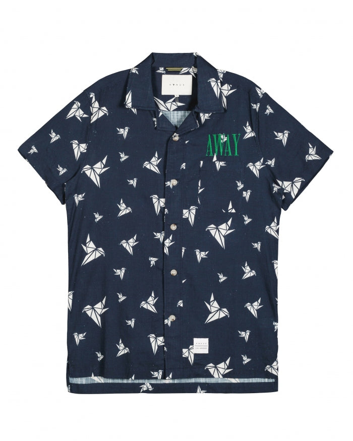 Konus Men's Revere Collar Shirt w/ Hummingbird Print in Navy - shopatkonus