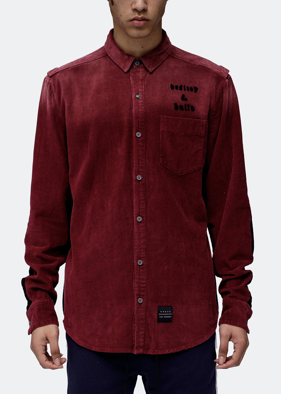 Konus Men's Corduroy Elbow Detail Button up Shirt in Wine - shopatkonus