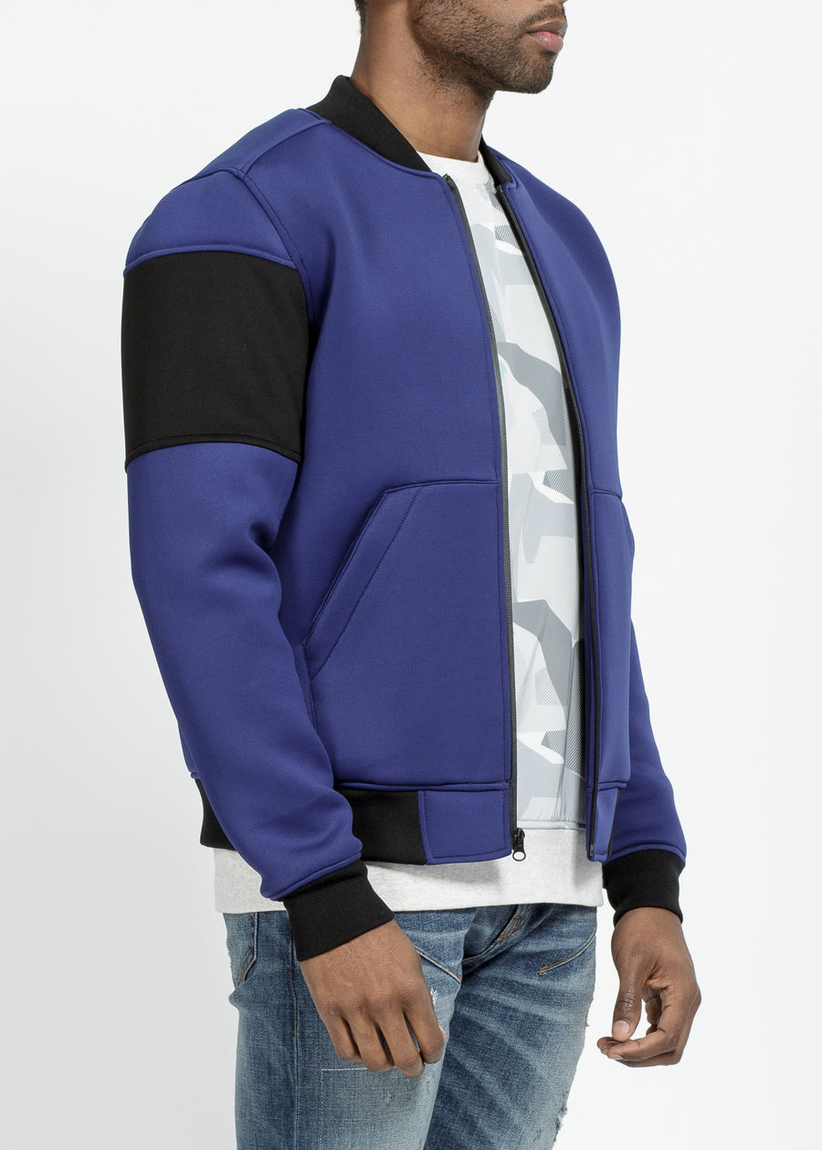 Konus Men's Bomber Jacket in Scuba Fabric With Color Blocking on Sleeves in Blue - shopatkonus