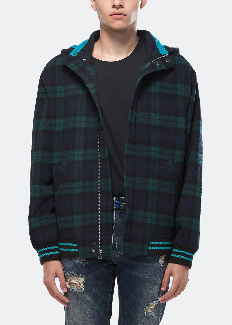 Konus Men's Wool Blend Plaid Hooded Zip Up Jacket in Green - shopatkonus