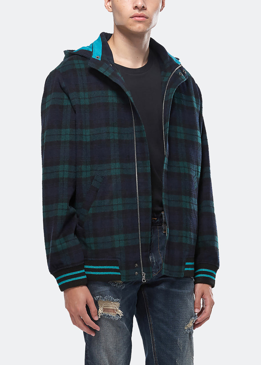 Konus Men's Wool Blend Plaid Hooded Zip Up Jacket in Green - shopatkonus