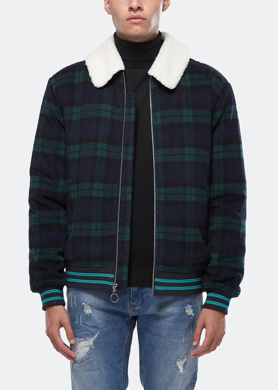 Konus Men's Wool Blend Plaid Jacket with Sherpa Collar in Green - shopatkonus