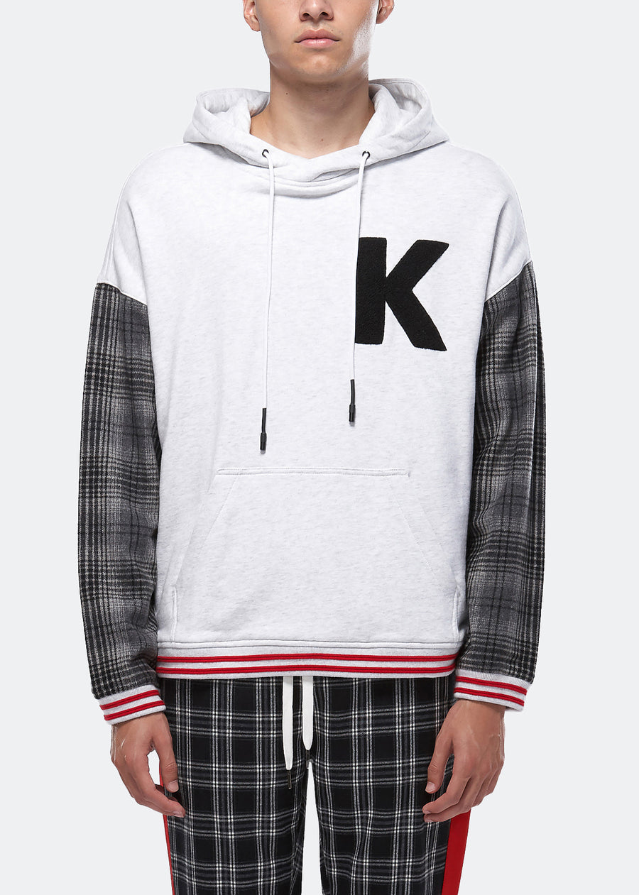 Konus Men's Pullover Hoodie w/ Wool Blend Plaid Sleeves in Grey - shopatkonus