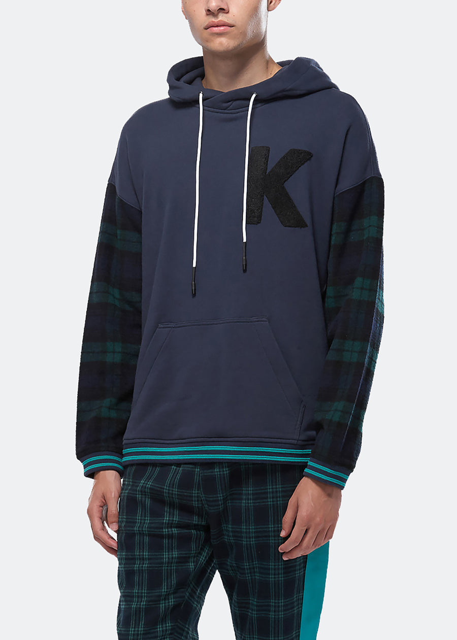 Konus Men's Pullover Hoodie w/ Wool Blend Plaid Sleeves in Navy - shopatkonus