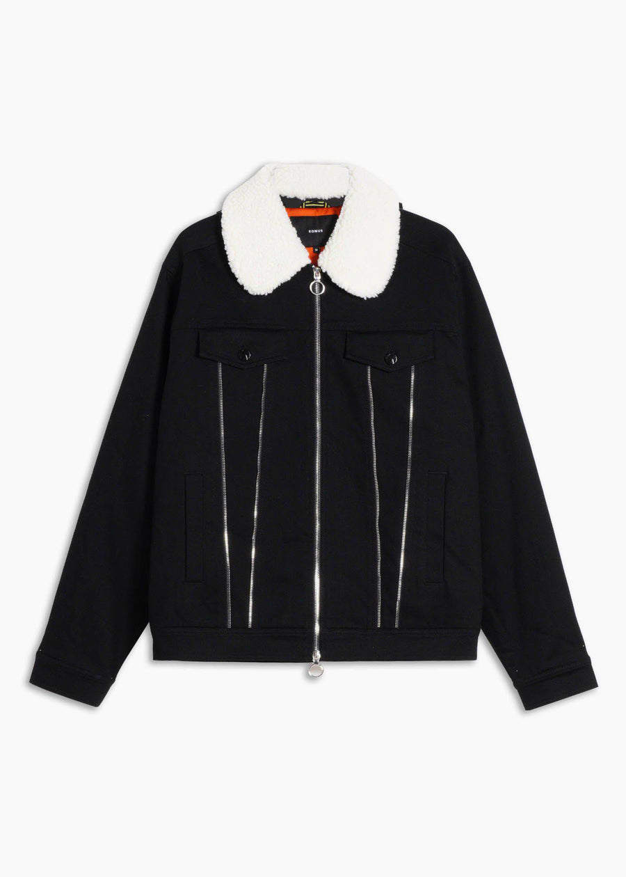 Konus Men's Sherpa Collar Twill Jacket In Black