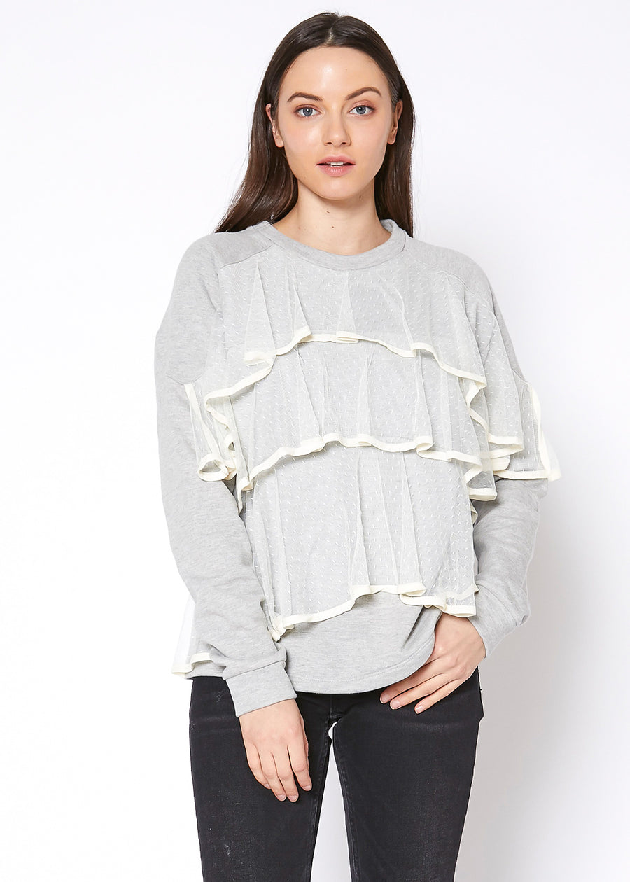 Layered Lace Front Crewneck Sweatshirt - shopatkonus