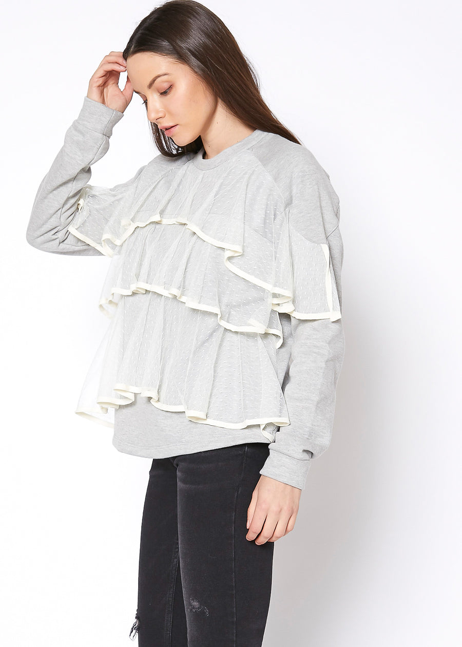 Layered Lace Front Crewneck Sweatshirt - shopatkonus