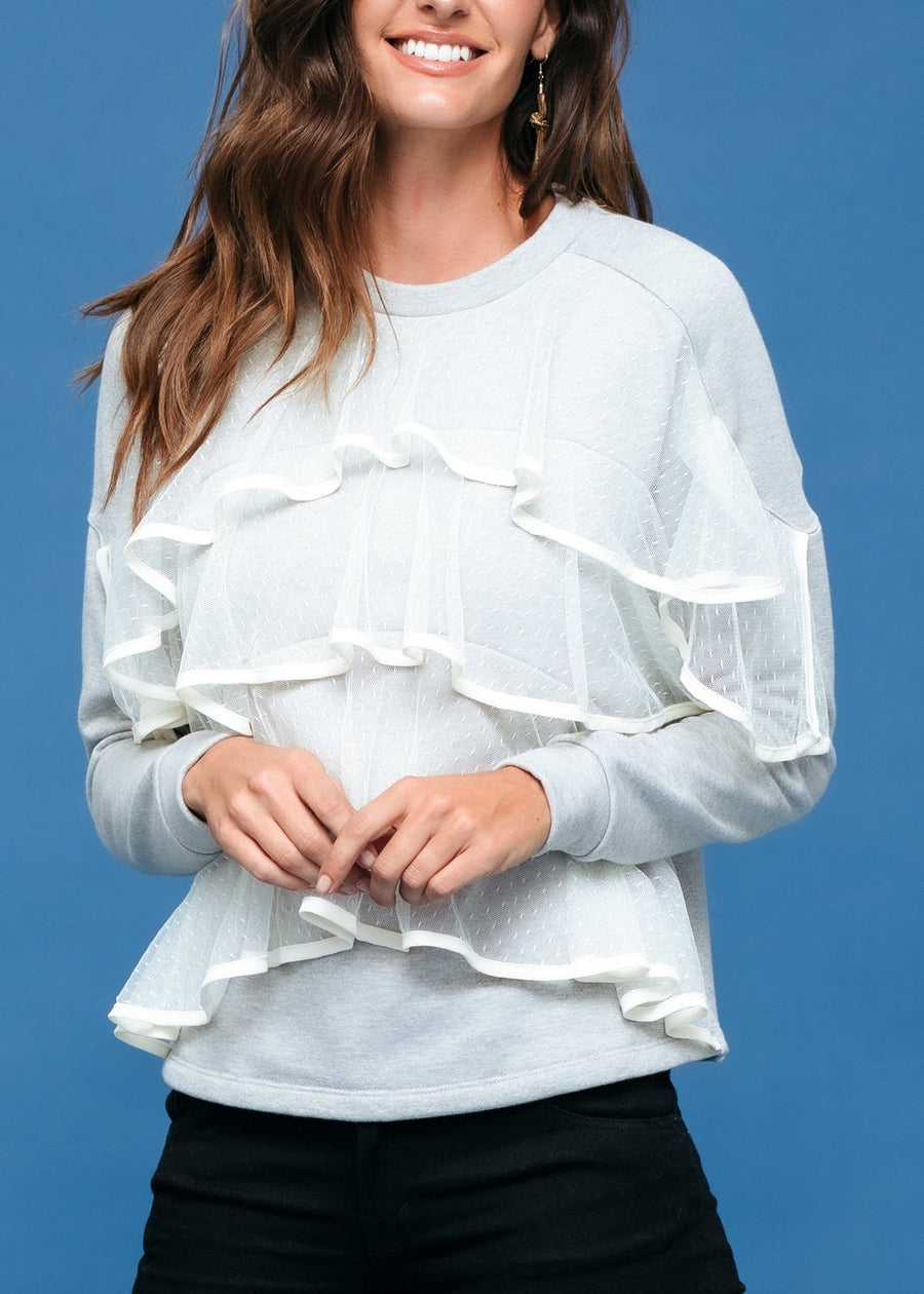 Women's Layered Lace Front Crewneck Sweatshirt - shopatkonus