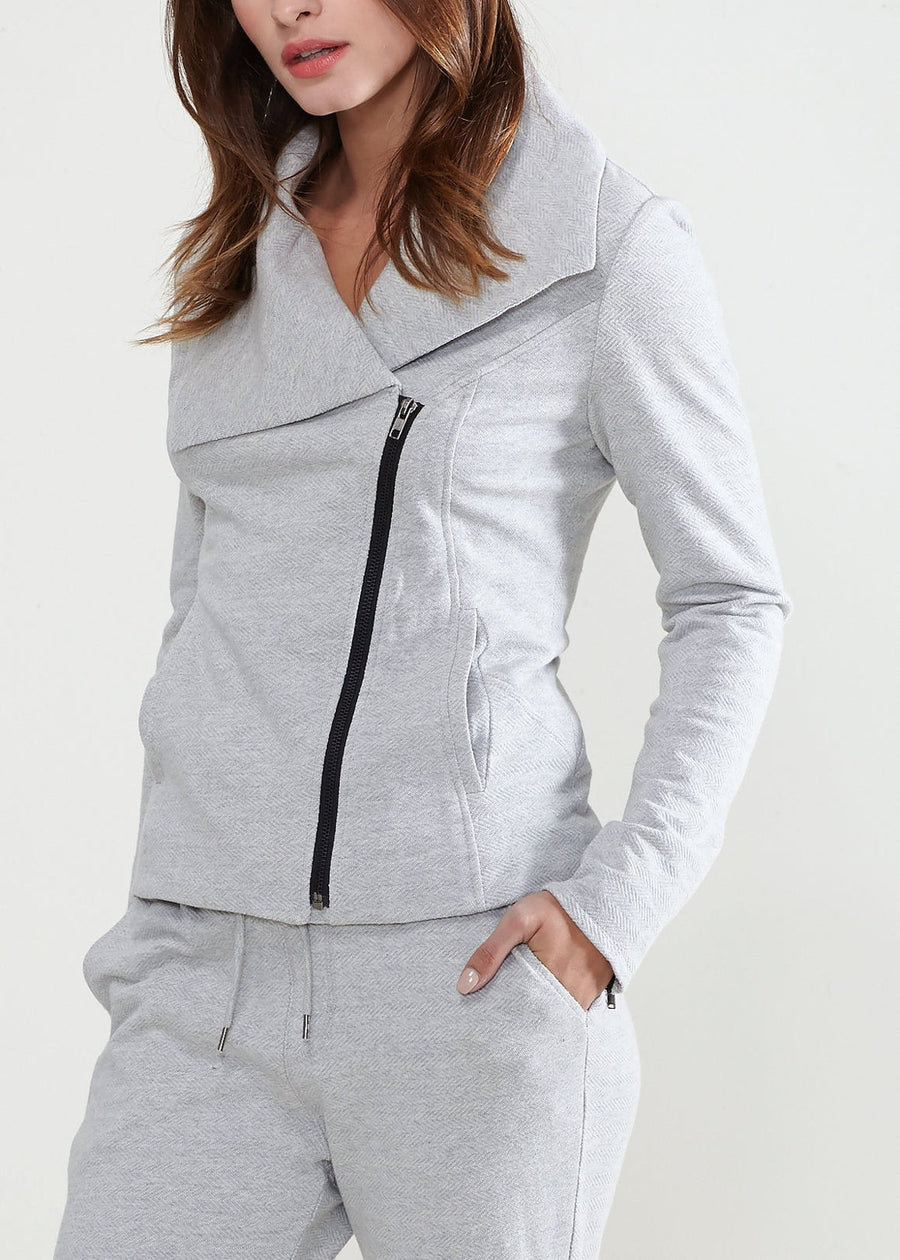 Women's Oversized Collar Zip-Up Moto Jacket In Heather Grey - shopatkonus