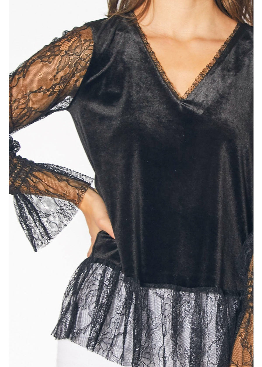 Long Sleeve Velvet Top With Lace Trim in Black - shopatkonus
