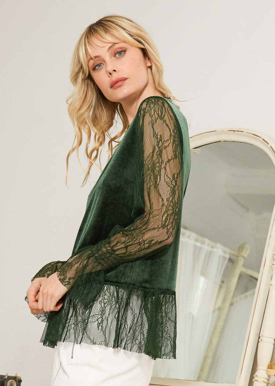 Long Sleeve Velvet Top With Lace Trim in Green - shopatkonus
