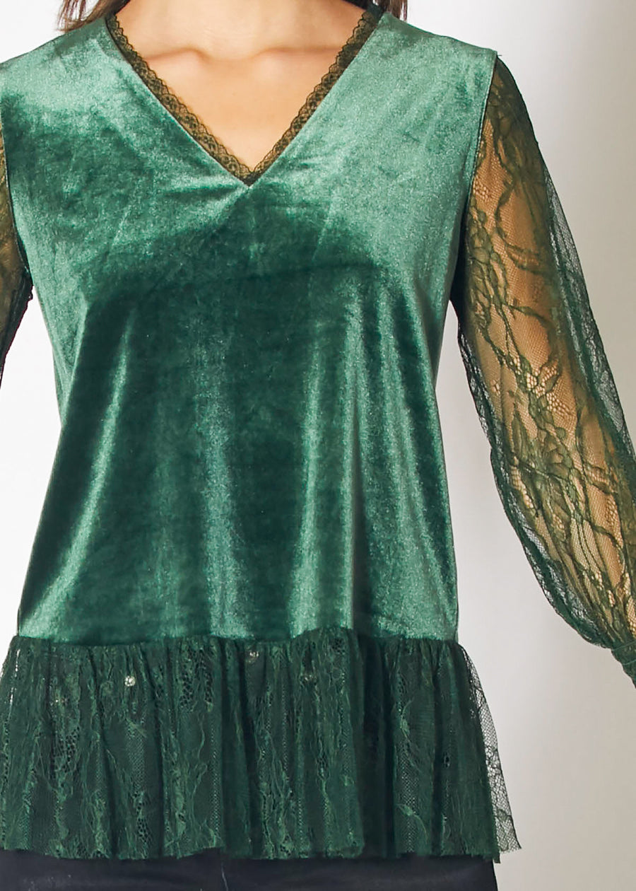 Long Sleeve Velvet Top With Lace Trim in Green - shopatkonus